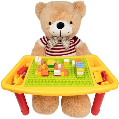Kindertafel Bouwtafel - Speeltafel met bouwplaat (Voor Duplo® blokken) en vlakke kant - 3 Vakken - Met 90 Bouwstenen