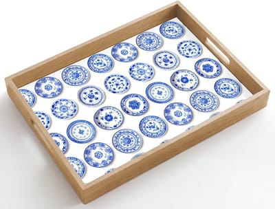 Dienblad hout 50x35 cm - Schootdienblad - Borden - Bloemen - Patroon - Blauw - Borrelplank rechthoek - Plateau dienbladen