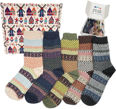 Tutti Footi - Warme Winter Sokken met Wol - Set 'Nisse' van 5 paar met Vintage patroon - Noorse Sokken Dames/Heren maat 38-42