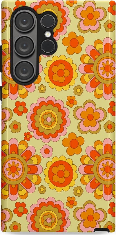 Casetastic Hoesje Geschikt voor Samsung S23 Ultra - Stijlvolle Beschermende Duo-layer Case - Retro Oranje Bloemen