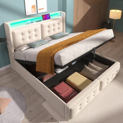 DESMIU Gestoffeerd Bed 160x200 cm – Led-Hoofdbord Met Usb-C – Hydraulische Opbergruimte – Tweepersoonsbed Voor Slaapkamer – Beige – Zonder Matras