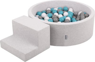 KiddyMoon Schuimspeelplaats met stappen en Ballenbad - 7cm 100 Ballen - Speeltoestel - Ballenbak voor baby - Hindernisbanen - Lichtgrijs: Grijs Wit Turkoois