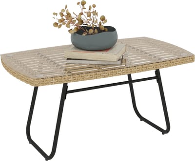 Killogood Tuintafel van rotan - 90 x 50 x 45 cm - UV-bestendige bijzettafel - glazen blad - naturel hout.