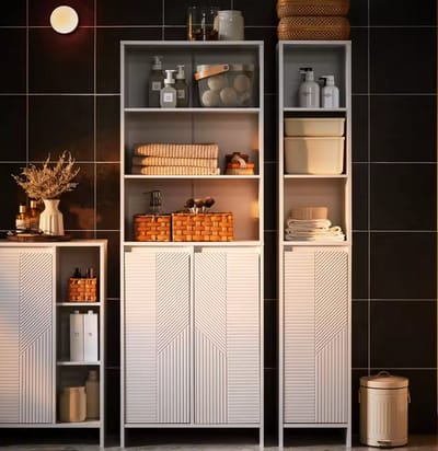Moderne Badkamerkast met Uitneembare Wasmand - Hoogglans Wit - Badkamerrek met 3 Open Vakken & Kanteldeur - 170x60cm - Design Opbergkast