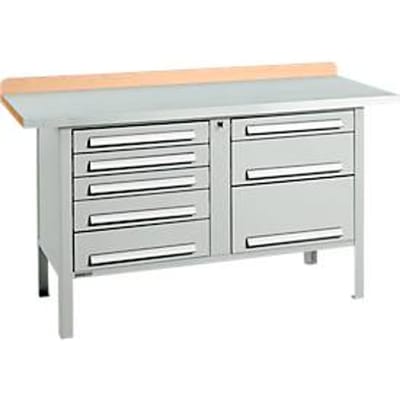 Box-type werkbank Schäfer Shop Select PWi 150-8, beuken multiplex blad, met stalen afdekking, tot 750 kg, B 1500 x D 700 x H 840 mm, lichtgrijs