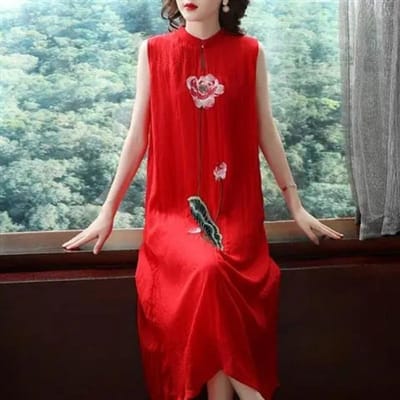 Witte geborduurde chiffon jurk Qipao stijl mouwloos vest lange jurk zomer retro etnische stijl feeënjurk XXL rood