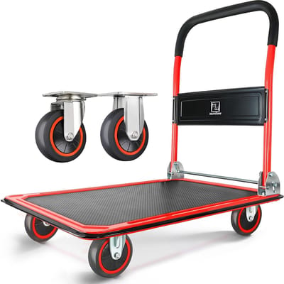 Platformwagen Opvouwbaar - Dolly Handkar - Goederen Verplaatsen - 360 Graden Zwenkwielen - 150 kg - Rood