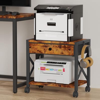 2-Tier Desktop Printer Stand met Grote Lade - Onder Bureau Printer Tafel met Wielen, Kleine Printer Plank voor Papier Opslag - Thuiskantoor - Rustiek Bruin