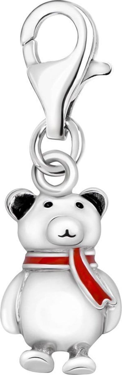 Quiges – 925 - Zilver – Charm - Bedel - Hanger - 3D Beertje met Rode Sjaal - met – sterling - zilver - karabijnslot - geschikt - voor -Bedelarmband HC132