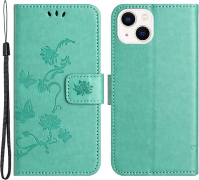 Coverup Hoesje - Geschikt voor iPhone 15 Plus Hoesje - Coverup Bloemen & Vlinders Book Case - Mintgroen
