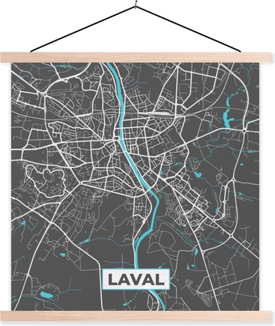 Posterhanger incl. Poster 40x40 cm - Schoolplaat - Laval - Frankrijk - Plattegrond - Kaart - Stadskaart - Textielposter - Blanke latten - Stadskaart