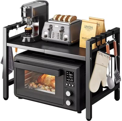 Velmio Magnetronrek - uitschuifbaar - 40-60x36x32-40 - magnetronkast - zwart - metaal - keuken organizer - incl 6 haken