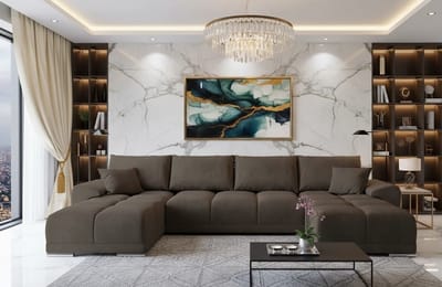 U-vormige Hoekbank met Slaapfunctie en Opbergruimte – Luxe Fluwelen Slaapbank 365x189 cm – Comfortabele Uittrekbare Bank met Kussens – Modern Design – Kleur Grafiet – Novihome