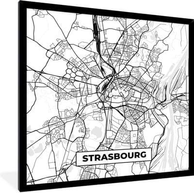 Fotolijst incl. Poster Zwart Wit- Stadskaart - Strasbourg - Frankrijk - Kaart - Plattegrond - Zwart wit - 40x40 cm - Posterlijst