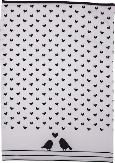 Clayre & Eef Theedoek 50x70 cm Wit Zwart Katoen Harten Vogels Keukenhanddoek