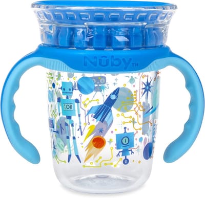 360 Rvs Drinktorentje met Handvatten & Deksel | Blauwe Robot Beker voor Peuters 12 Maanden+