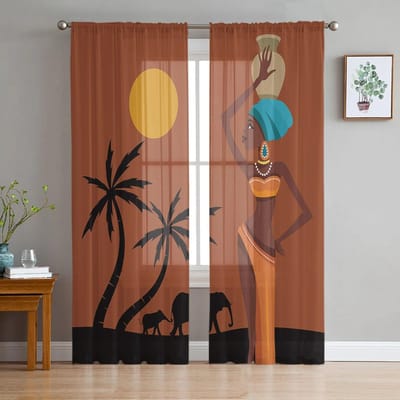 Giraffe Zonsondergang Lucht Raamgordijn voor Woonkamer Huisdecoratie Tule Voile Gordijn voor Keuken Slaapkamer Raam 135W x 114H(cm)