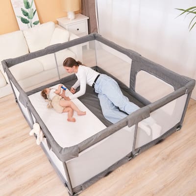 Lucellia® Grondbox Baby 130x130x68 cm - Kruipbox met Stevig Metalen Frame - Voorgemonteerd, Geen Bouwpakket - Inklapbare Speelbox - Kinderbox - Playpen - NEN-EN Gecertificeerd - Donkergrijs