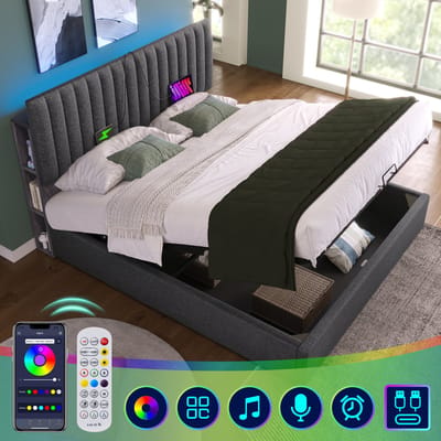 Merax Gestoffeerd Bed 140x200 cm met LED Verlichting - USB & Type-C Oplaadfunctie - Verstelbaar Hoofdbord en Opbergruimte - Grijs Linnen