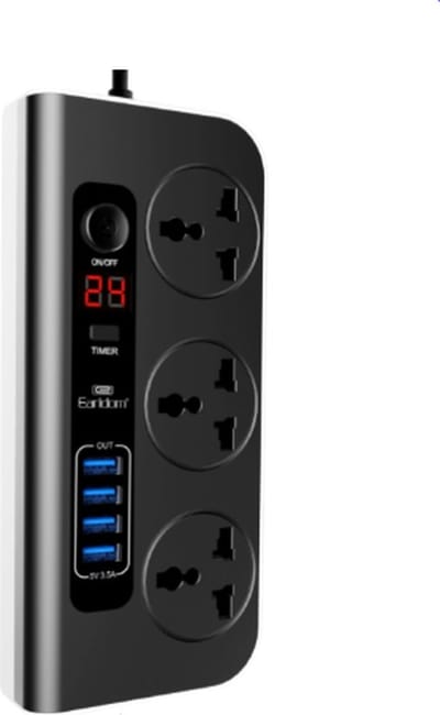 DrPhone SocketPro - Universele Stekkerdoos – Aan & Uit schakelaar - 4x USB Uitgangen – Met LED scherm - Verlengsnoer – 1.5M Netsnoer - EU stekker - Zwart