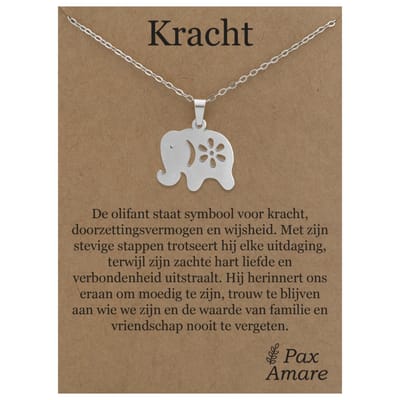 Stainless Steel Olifant ketting op Cadeau Kaartje - Kracht - 45cm Zilverkleurig Roestvrij Staal - Pax Amare