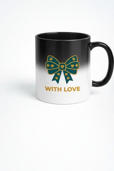 Magic Mok 'WITH LOVE' met Petrol Strik en Harten | Hittegevoelige Cadeau Mok | Zwart