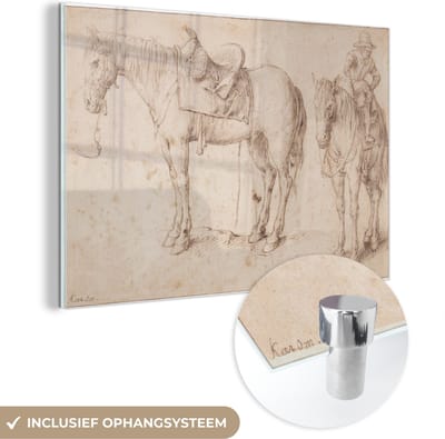 ® Glasschilderij 180x120 cm - Schilderij acrylglas - Twee studies van een gezadeld paard - Schilderij van Jacob de Gheyn II - Foto op glas - Muurdecoratie woonkamer - Wanddecoratie slaapkamer - Schilderijen
