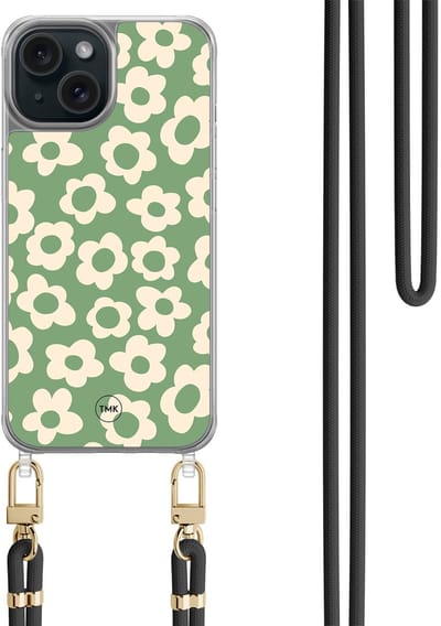 Casevibes - Telefoonhoesje met koord - Geschikt voor Apple iPhone 15 - Retro cute flowers - Groen - Bloemen