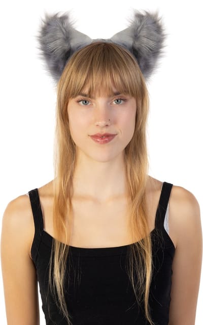 KIMU® Haarband Grote Furry Oortjes Grijs - Beer Vos Diadeem Dons Dieren - Evenement Dierenoren Oor Oren Vilt Lynx Hond Wolf Haren Festival