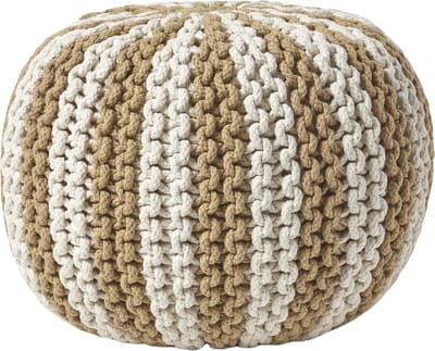 Homescapes - Gebreide ronde poef - Streepdesign - Katoen - linnen-wit - 35 x 40 cm