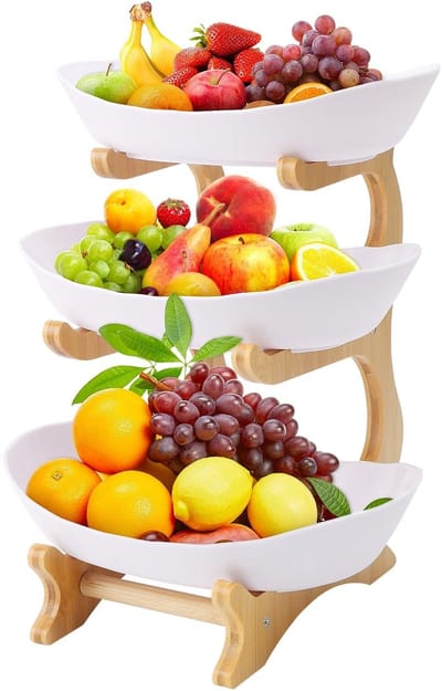 Dailygoods- Fruitschaal 3-laags - Houten Standaard - Ruimtebesparend - Stevige Stabiliteit - Voor Snacks/Desserts - Veelzijdig Gebruik - Serveerschaal