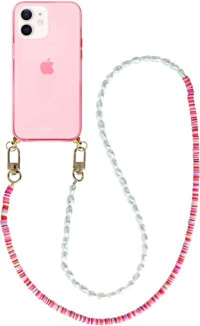 xoxo Wildhearts silicone case met koord - Roze telefoonhoesje met koord - telefoonketting - Island Girl - long - Cord Case - geschikt voor Apple iPhone 11 - Lange parelketting / kralenketting - Parels - Wit / Roze
