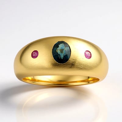Cavill - Zilveren Ring Verguld - 0,45 ct Petrolkleurige Ovale Saffier uit Australië + Roze Saffieren - Luxe Handgemaakt - Moderne Brede Band