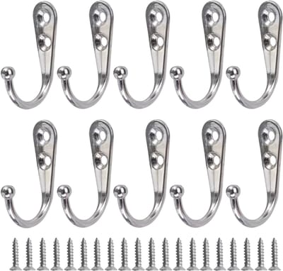 20 stuks Metalen Wandhaken met Schroeven – Wandhaak, Kapstokhaak, Opberg Rek voor Jassen, Handdoeken, Tassen, Keuken & Badkamer - Zilver