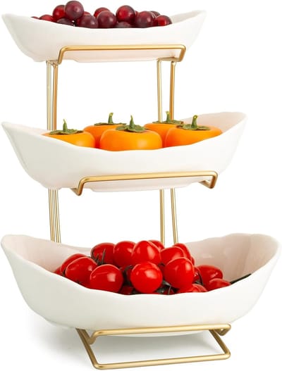 Famanu – Keramische fruitschaal 3 niveaus – fruitstandaard met metalen frame (wit)
