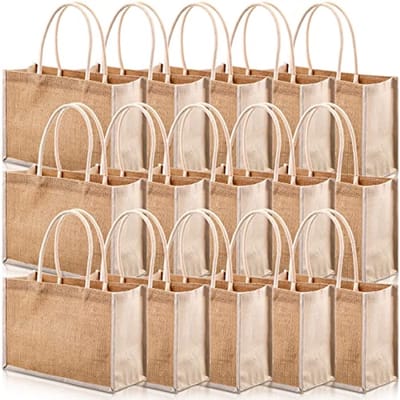 16 Stuks Jute Boodschappentassen Herbruikbare Strandtassen met Katoenen Handvatten voor Cadeaus en Winkelen