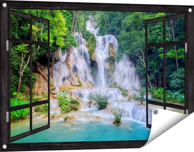 Gards Tuinposter Doorkijk Waterval in het Tropische Natuur - 90x60 cm - Tuindoek - Tuindecoratie - Wanddecoratie buiten - Tuinschilderij
