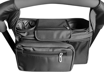 Universele Kinderwagen Organizer met 2 Geïsoleerde Drinkhouders, Afneembare Tas en Verstelbare Schouderband - Zwart, Perfect voor Ouders en Babyaccessoires