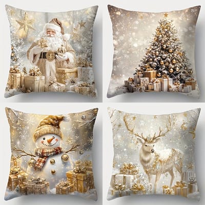 Dutchers® 4-delige Kerstkussenset – Sneeuwpop, Kerstman, Eland & Kerstboom – Decoratieve Kussenhoezen 45×45 cm – Enkelzijdige Print – Zonder Kussenkern – Feestelijke Sfeer voor Woonkamer & Slaapkamer