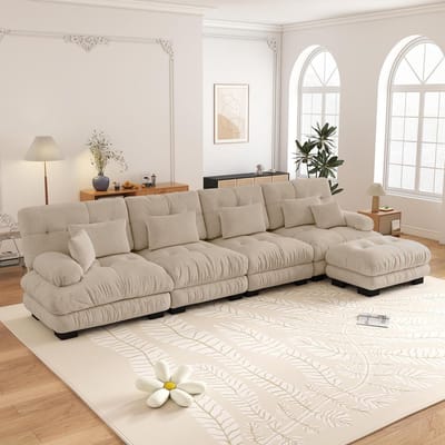 4-Zits Bank, L-Bank, Modulaire Hoekbank, L-vormige Bankstel voor de Woonkamer, Comfortabele 4-zitsbank met Verplaatsbare Poef, Doe-het-zelf Combinatie, Chenille-Lichte Koffie