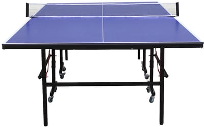 Vente-unique Opvouwbare blauwe tafeltennistafel op wieltjes voor buiten met accessoires - L274 x B152.5 x H76 cm - JORDIE