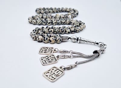 Handgemaakte tesbih "Tasbih" natuursteen " Jasper Dalmatin" - Aantal kralen 99 - Diameter kralen 8MM - met metaal tassel "Subhan Allah" - Een mooi cadeau-idee