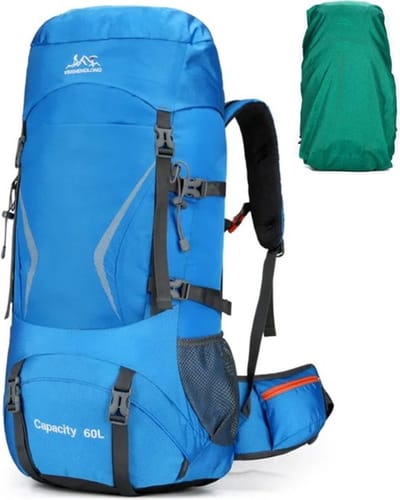 CarryQuest® 60L Hiking Backpack - Waterdichte Trekking Rugzak met Regenhoes, Drinksysteem, MOLLE-Systeem & Heupvakken - Lichtblauw