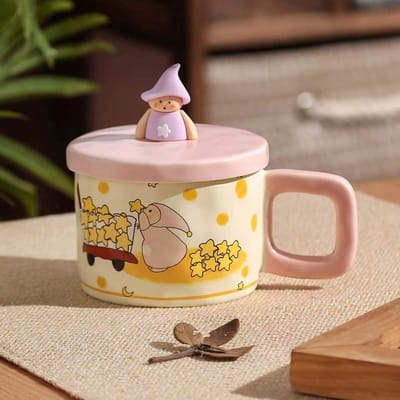 Leuke Cartoon Ster Beker Hoge Waarde Keramische Mok Grote Capaciteit Koppels Waterbeker met Deksel Koffiekop Cadeau 330ml beige