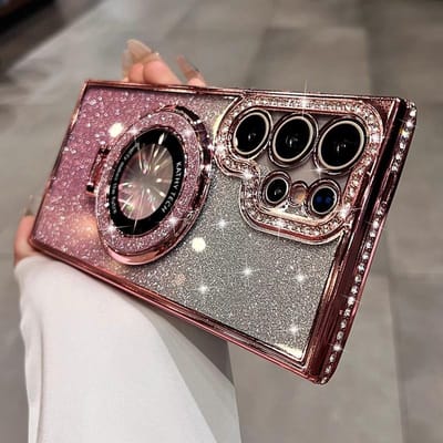 Plating Glitter Diamant Magnetische Beugel Hoesje Voor Samsung Galaxy S26 S25 Ultra S23 S22 Plus A55 A35 A25 A24 A15 Transparante Zachte Cover For Samsung S26 roze