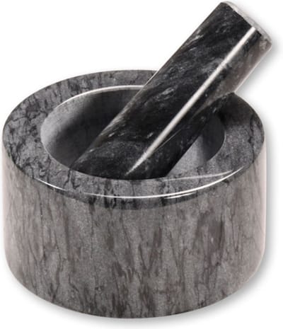 Vijzel met Stamper van Porselein Ø 13 Cm - Grijs Marmer - Fijnstampen en vermalen van Kruiden - Vijzel en stamper Afm. 13 x 13 x 8 Cm. - GRIJS