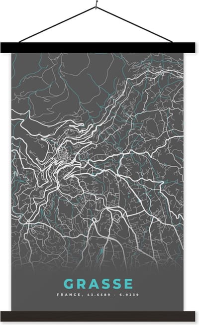 Posterhanger incl. Poster 40x60 cm - Schoolplaat - Grasse - Frankrijk - Stadskaart - Plattegrond - Kaart - Textielposter - Zwarte latten - Stadskaart