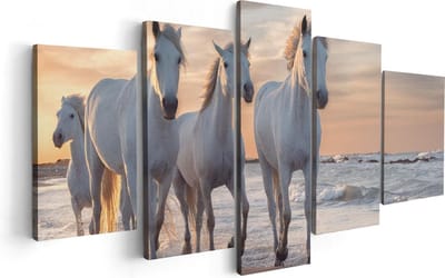 Artaza Canvas Schilderij Vijfluik Witte Paarden Op Het Strand Bij Water - 100x50 - Foto Op Canvas - Canvas Print