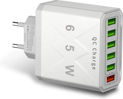 DrPhone MultiCharge Pro2 - 6 in 1 Oplaadadapter - 5 USB 3.1A-poorten en 1 USB QC 3.0 snellaadpoort – Ingbouwde Bescherming – Wit