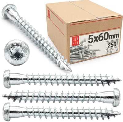 LUN FIX - Winkelbeschlagschroef 5x60 mm TX20 - 250 Stk. - Volledige draad - houtverbinding schroeven - ETA houtschroeven zilver verzinkt